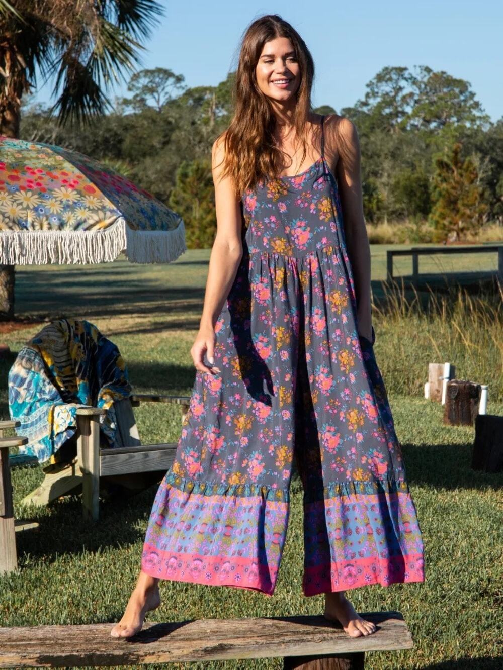 Natural Life Zoe Wide Leg Jumpsuit Charcoal Blue Border Boho Palazzo Romper XL